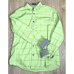 Coofandy Plaid‎ Flip Cuff Button Up XXL Green Long Sleeve Modern Casual Shirt